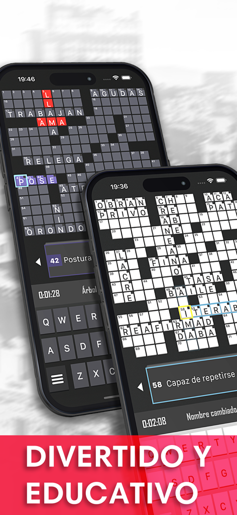 Crucigramas en Español :) - Interfaz de la aplicación de crucigramas en español que muestra el modo oscuro y el modo de juego claro.