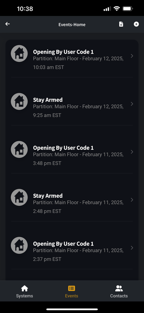 EyezOn Mobile - Security system event history log in the EyezOn Mobile app showing system status and user activity with timestamps
