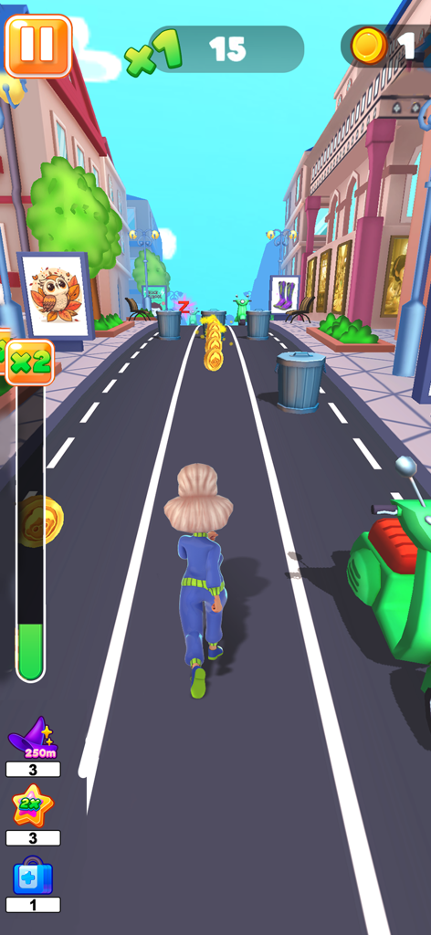 Granny Run 3D runner Game - Granny character in a blue tracksuit running through a 3D city street in an endless runner game