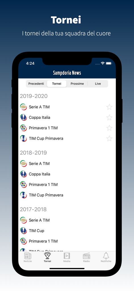 SampdoriaNews.net - Schermata di uno smartphone che mostra la sezione tornei dell'app SampdoriaNews con un elenco di competizioni calcistiche storiche.