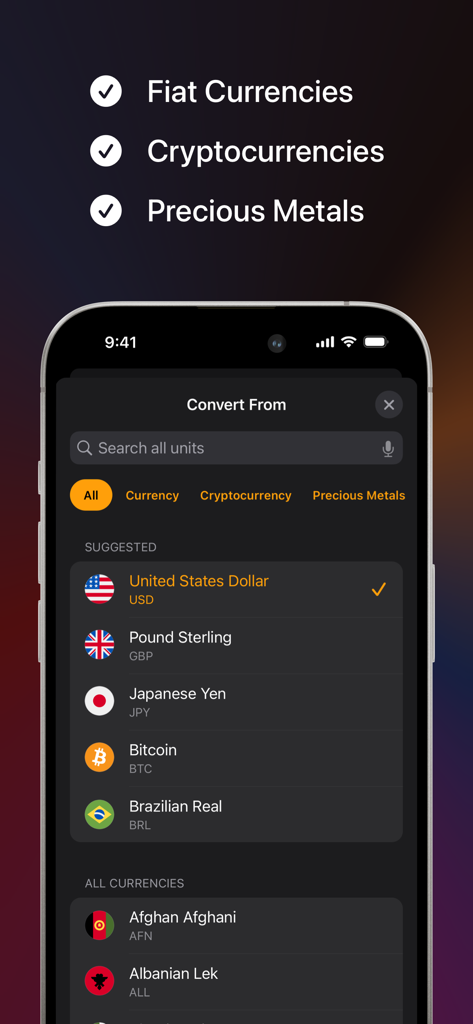Pantalla de selección de divisas fiduciarias criptomonedas y metales preciosos