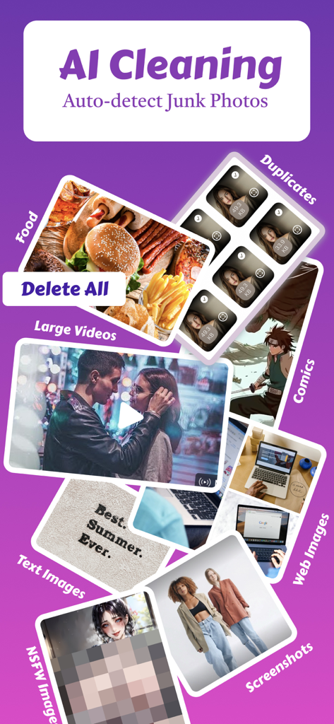 Fast Cleaner: AI Photo Clean - Fast Cleaner app interface showing AI detection of junk photos and large videos across categories like duplicates and screenshots