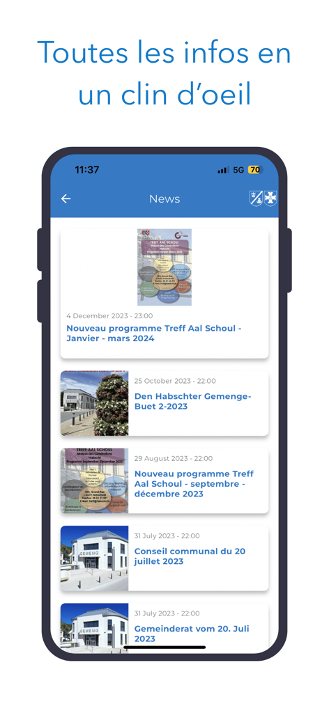 Interfaz de la aplicación móvil Habscht que muestra una lista de artículos de noticias locales y actualizaciones de eventos comunitarios para los residentes.