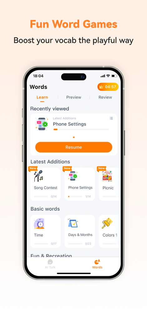 Interface of the Turkish Ai app showing gamified vocabulary learning modules for different topics like phone settings and travel.