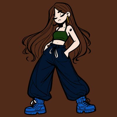 girl in baggy pants crop top and long hair