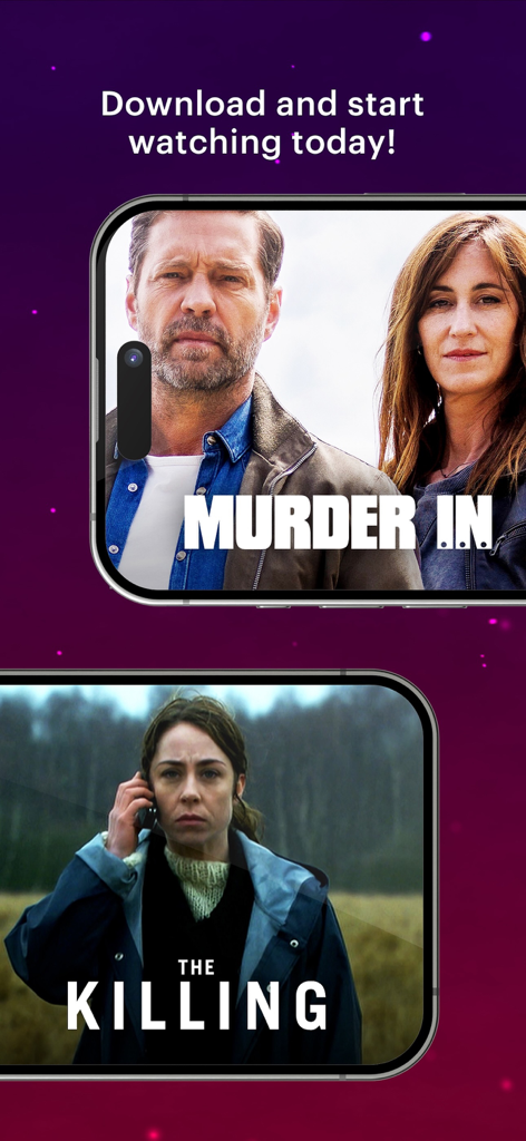 Un écran de smartphone affichant les séries policières internationales The Killing et Murder In sur l'application MHz Choice.
