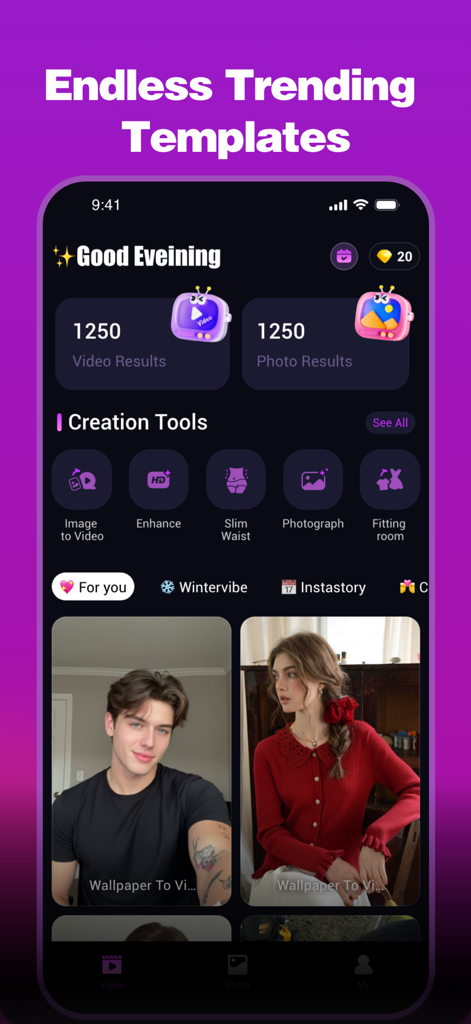 ReVibe: AI Photo & Video Maker - Interface do aplicativo ReVibe com modelos em alta e ferramentas de edição de IA