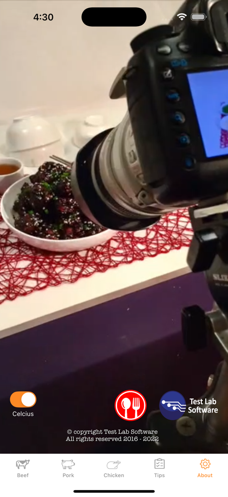 Roast Calc - Home screen of the Roast Calc app featuring meat category navigation and a roast dish image