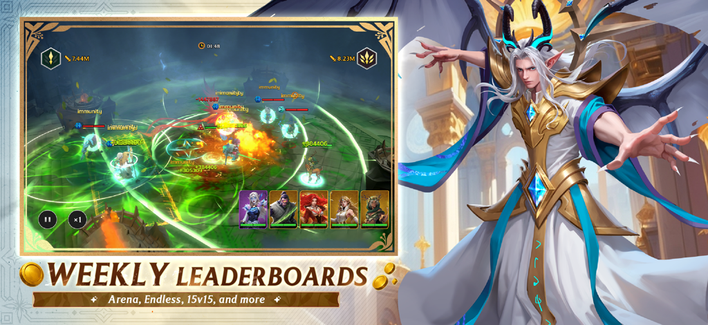 Juego de tablas de clasificación semanales de Guild of Guardians con un héroe de fantasía y batalla de escuadrones