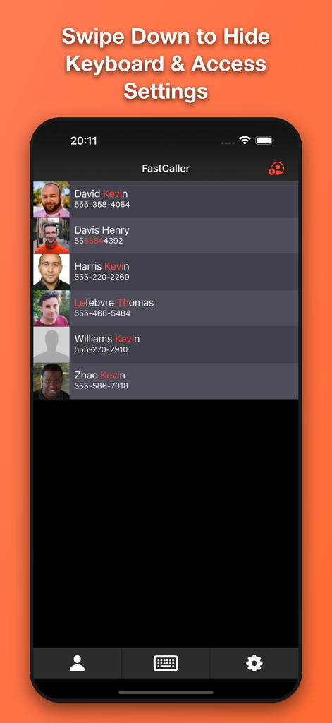 FastCaller - FastCaller app interface showing a list of search results for contacts with highlighted names and phone numbers
