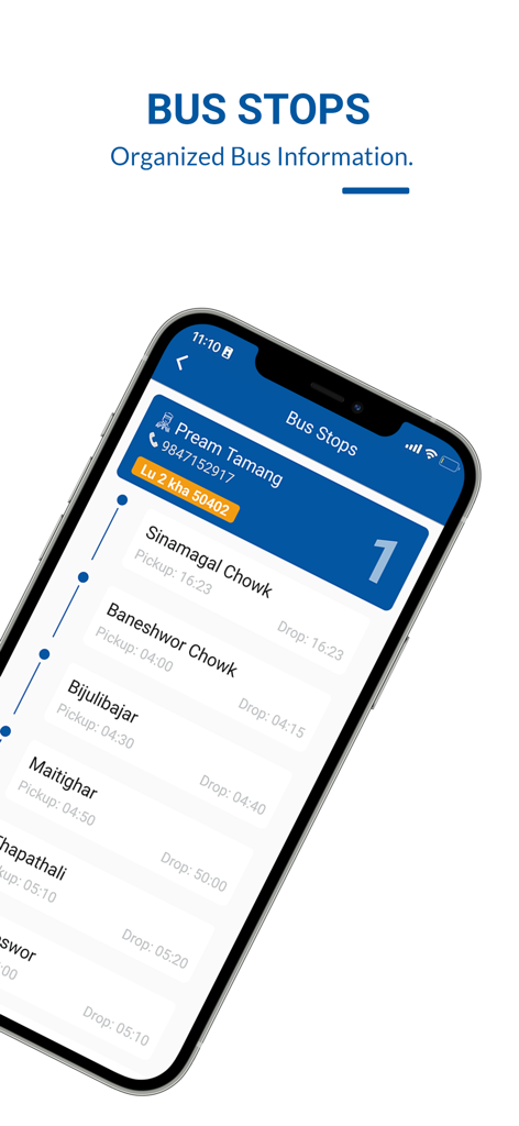 Interface de l'application Bright App affichant les arrêts de bus scolaires avec les heures de prise en charge et de dépose.