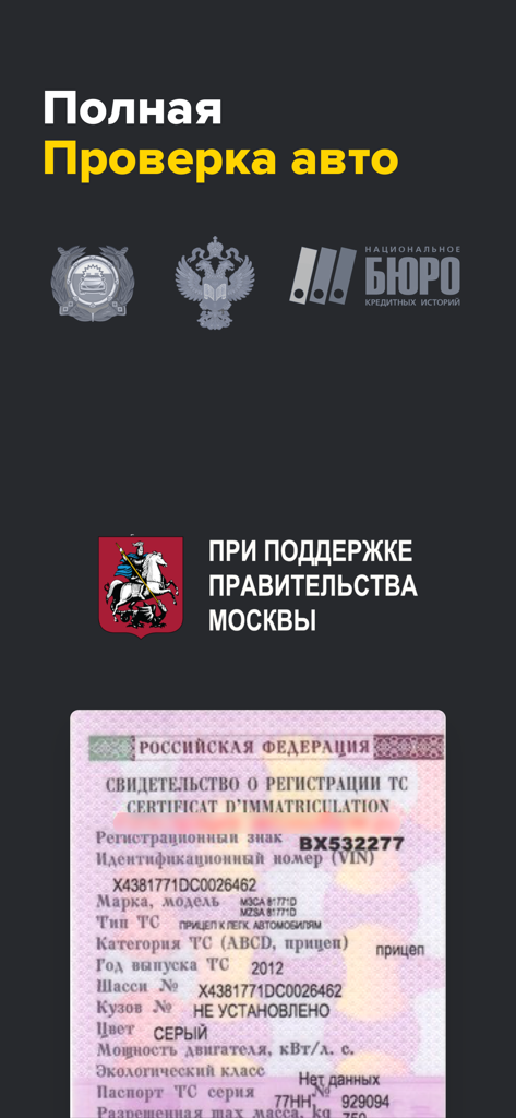 Russian mobile app interface for checking vehicle history and registration details