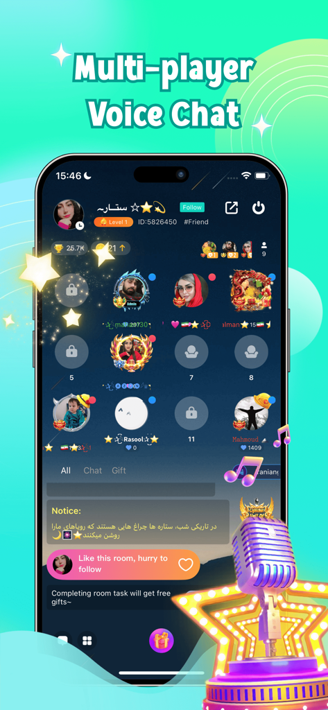 LightChat- Friendly Group Chat - Interface of the LightChat app showing a multi-player voice chat room with user avatars and a microphone icon.