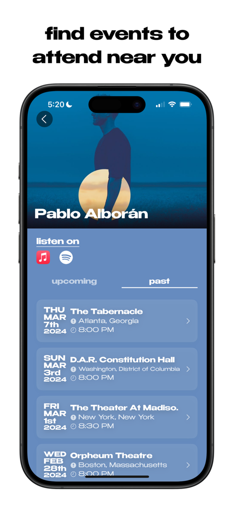 echo: share music - The echo app event discovery screen showing past concert dates for Pablo Alborán.