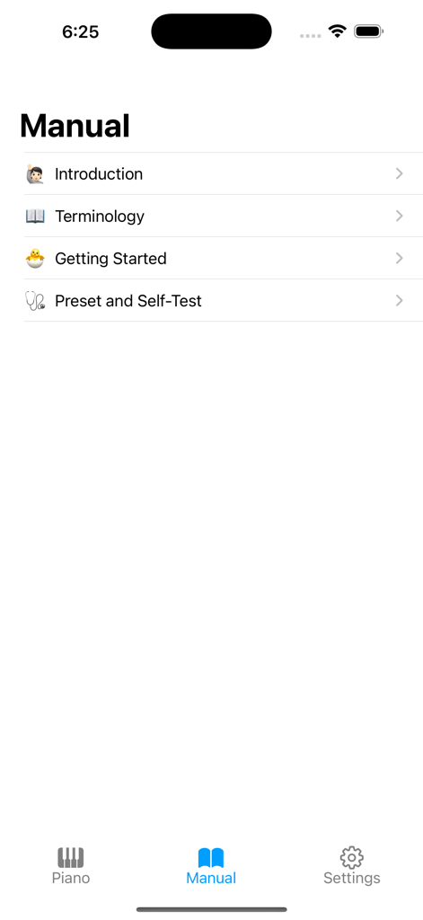 Piano Doctor - A Piano Tuner - Manual screen of the Piano Doctor app displaying sections for Introduction Terminology and Getting Started