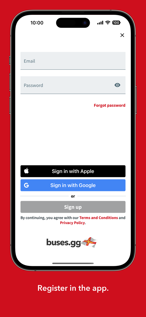 Buses gg - Login and registration screen for the Buses.gg transit app featuring social sign-in options.