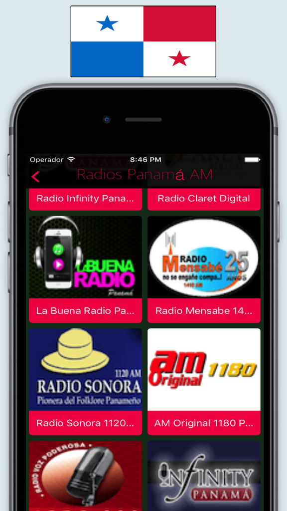 Radio Panamá FM / Live Radios Stations Online App - Uma seleção de estações de rádio AM panamenhas ao vivo exibidas na interface do aplicativo móvel.