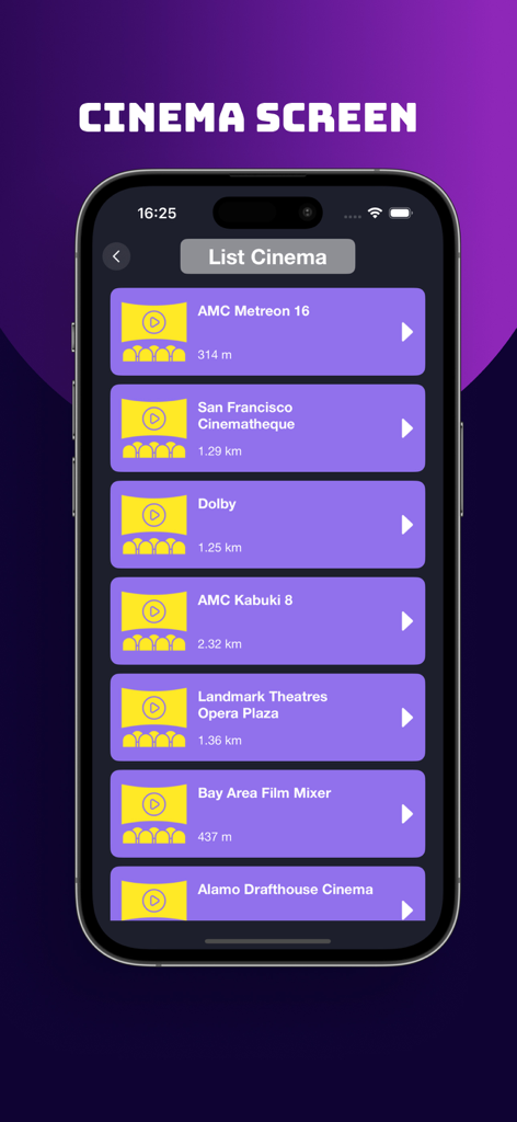 MegaFlix: Cinema Finder - MegaFlix app screen showing a list of nearby cinemas with distances