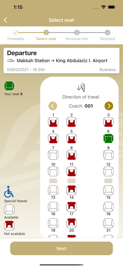 HHR Train - Interface da aplicação HHR Train mostrando o mapa de seleção de lugares para uma viagem em classe executiva de Makkah para o Aeroporto King Abdulaziz