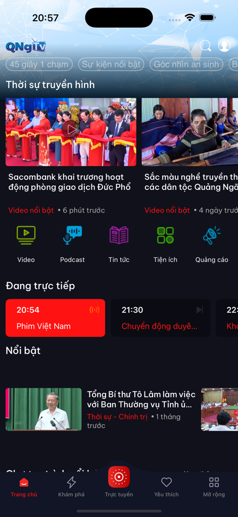 QNgTv Go - Oberfläche der mobilen QNgTv Go App, die vietnamesische Nachrichten und Live-Fernsehprogramme anzeigt