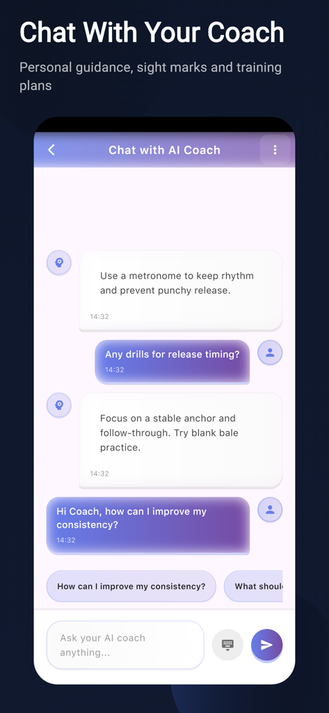 Archersense: AI Archery Coach - Captura de pantalla de la aplicación Archersense que muestra una conversación de chat con un entrenador de tiro con arco IA proporcionando consejos de entrenamiento y guía técnica.