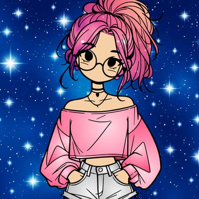 girl with a messy ponytail glasses a baggy crop top and jean shorts