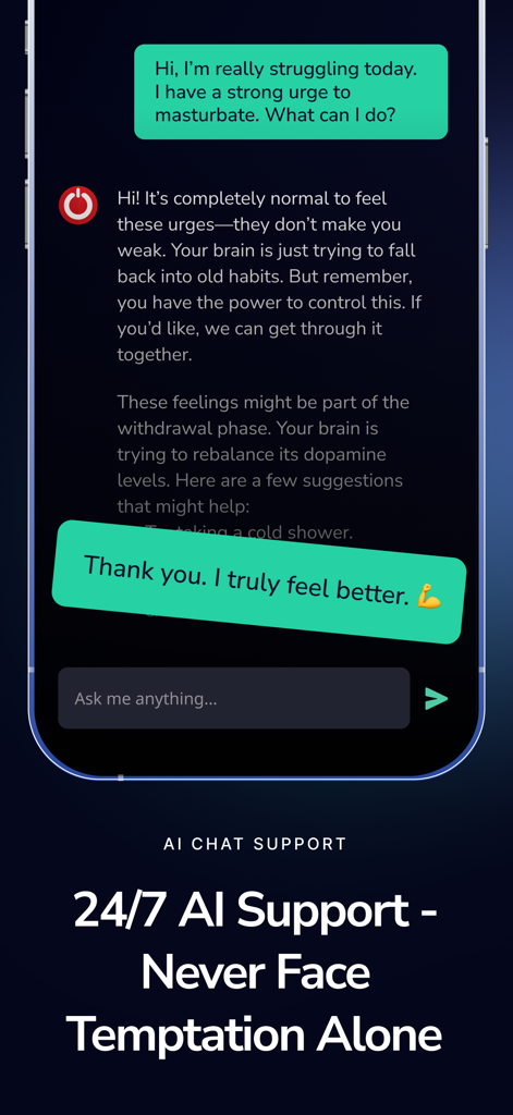 QuitBuddy: No Nut - Quit Porn - Interface do aplicativo QuitBuddy mostrando suporte do coach de recuperação IA 24/7 para superar a tentação