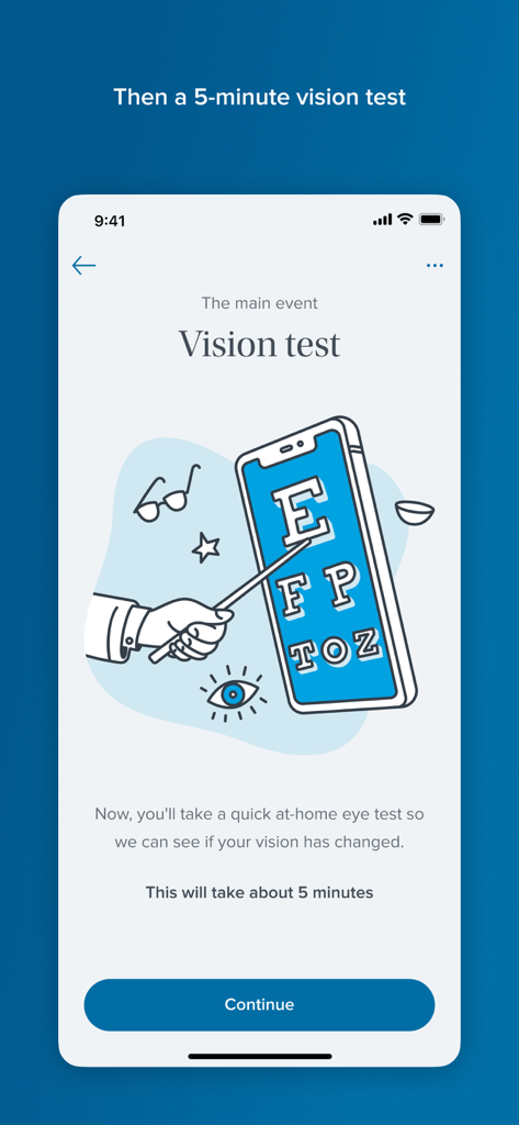 Virtual Vision Test - Intro screen for Warby Parker Virtual Vision Test app featuring an eye chart illustration