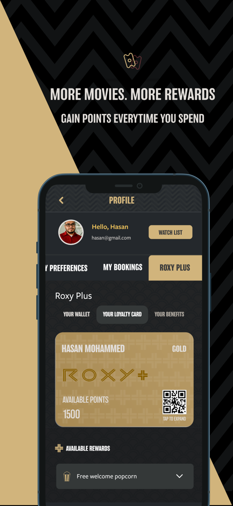 ROXY Cinemas UAE - Digital gold loyalty card interface in the ROXY Cinemas UAE app showing points and rewards.