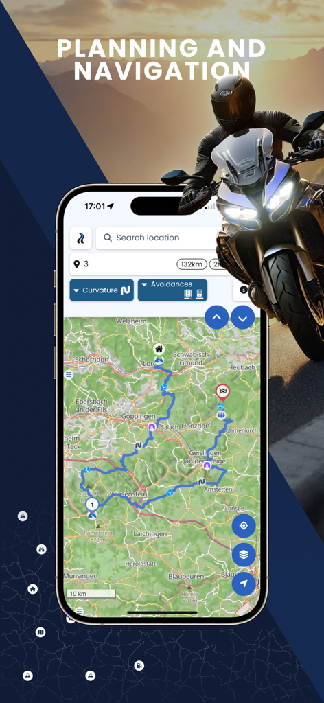 Smartphone displaying a curvy motorcycle route planned on the Kurviger navigation app map