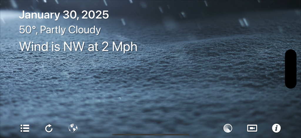Motion Weather 4K - Ultra HD - Motion Weather 4K app interface featuring a cinematic snow background with live weather data and navigation icons.
