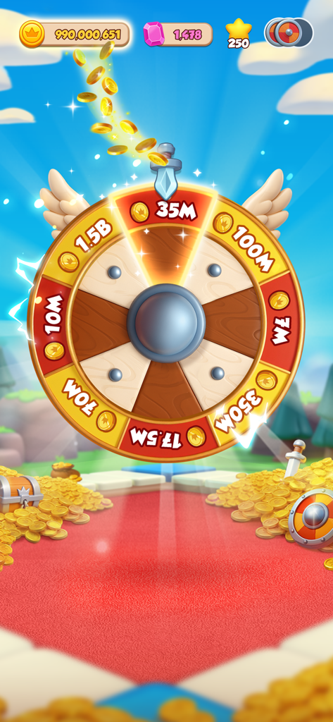 A lucky bonus wheel spinning for coin rewards in Coin Master Board Adventure