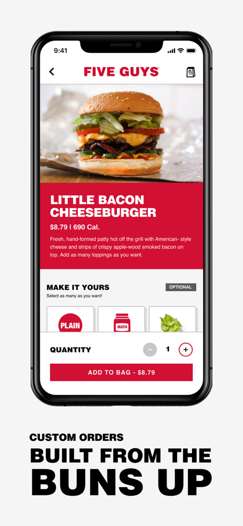 Five Guys Burgers & Fries - Interfaz de la aplicación móvil de Five Guys que muestra opciones de personalización para una Little Bacon Cheeseburger