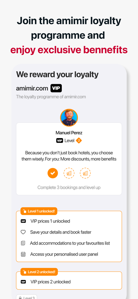 Amimir - Hotel Deal Searcher - A screenshot of the Amimir app showing details of the loyalty program including VIP levels and exclusive rewards.