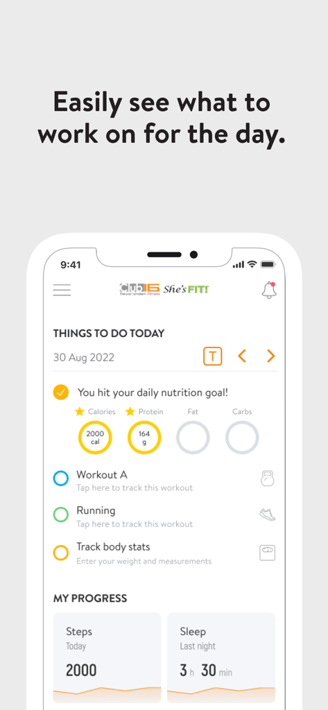 Club 16 Trevor Linden Fitness - Capture d'écran de l'application de fitness Club 16 montrant une liste de contrôle quotidienne des objectifs de nutrition, des entraînements programmés et un suivi des progrès de santé