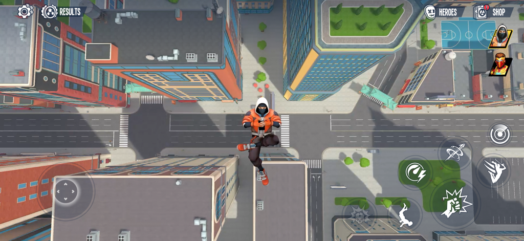 Super Fighter 3: Open City - Un personaggio supereroe in un costume arancione salta sopra un incrocio cittadino in Super Fighter 3 Open City.