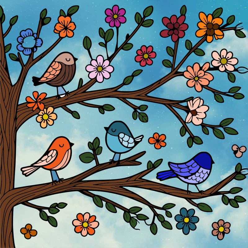 tree branches with birds and flowers
