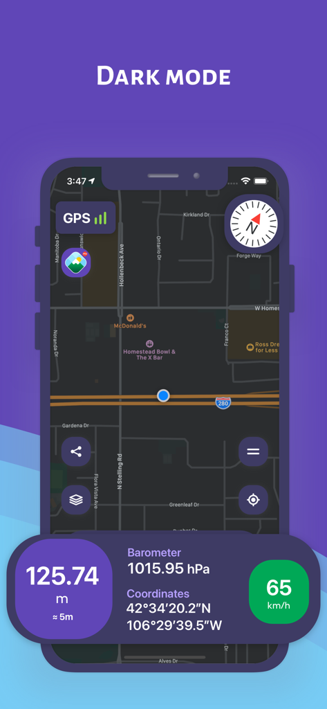 Altimeter Pro: Compass, GPS - Screenshot of Altimeter Pro app in dark mode showing navigation map and real-time altitude data