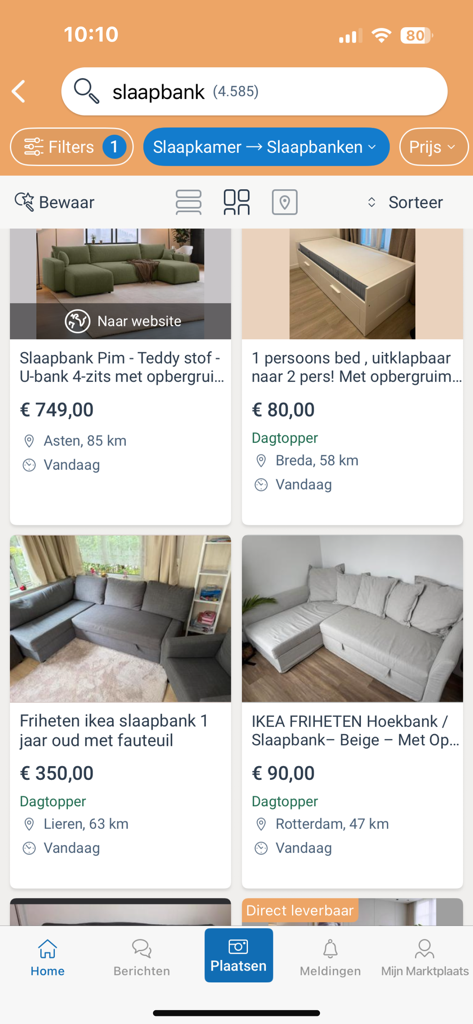 Mobile interface of the Marktplaats app displaying search results for furniture listings