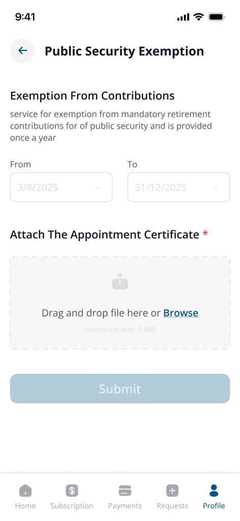 JEA - Ein Formular in der JEA-Mobil-App zur Beantragung einer Befreiung von obligatorischen Altersvorsorgebeiträgen für Mitglieder der öffentlichen Sicherheit.