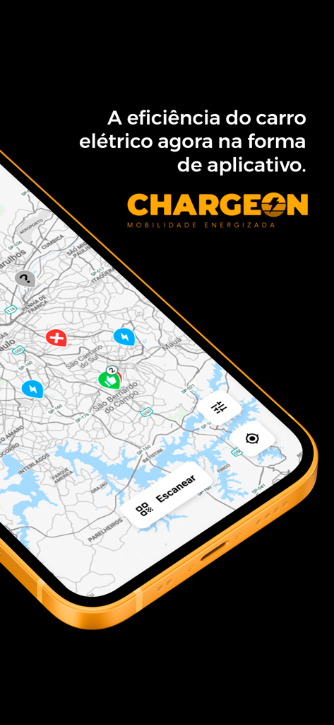 ChargeOn - Smartphone displaying the ChargeOn app map with electric vehicle charging station locations.