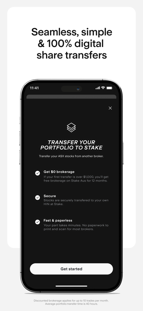 Stake – Stocks | ETFs | SMSF - Stake mobile app screen promoting seamless digital share transfers with zero brokerage benefits