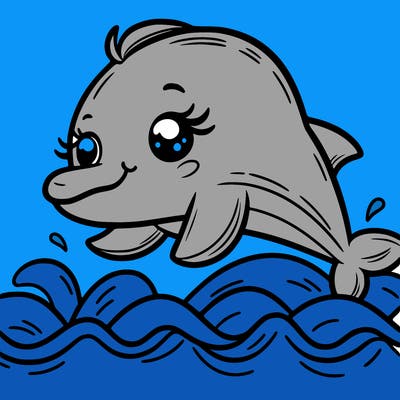 cute dolphin, smiling, long eyelashes, jumping over sea waves