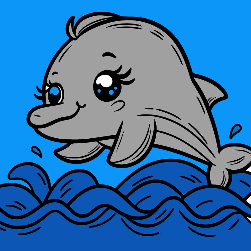 cute dolphin, smiling, long eyelashes, jumping over sea waves