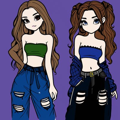 2 girls in crop tops and baggy jeans ripped