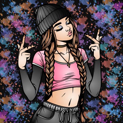 realistic teenage girl with braids and a beanie and crop top doing 🫶🏼