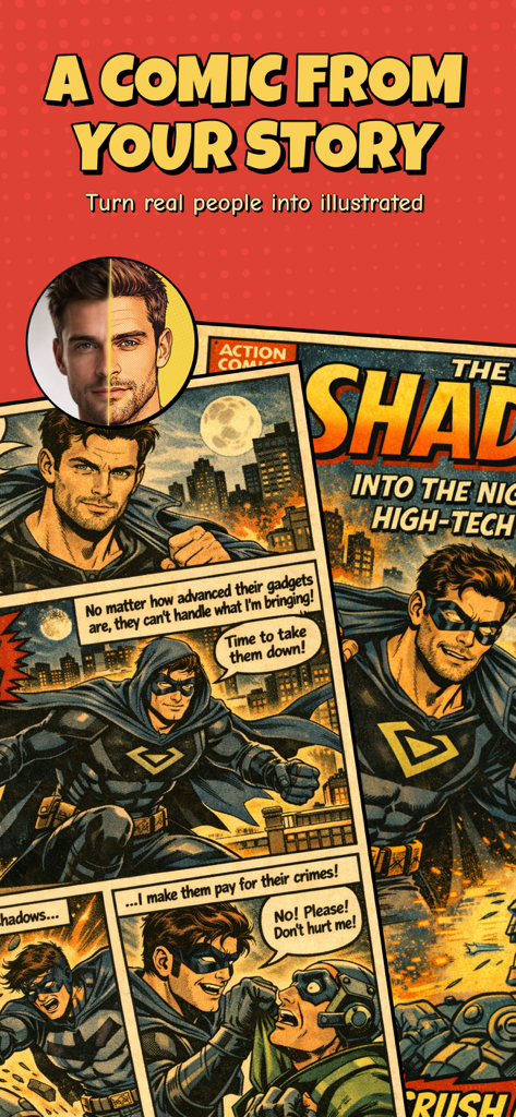 Comix AI: Photo to Comics - 빈티지 슈퍼히어로 만화책 일러스트로 변환되는 남성 사진