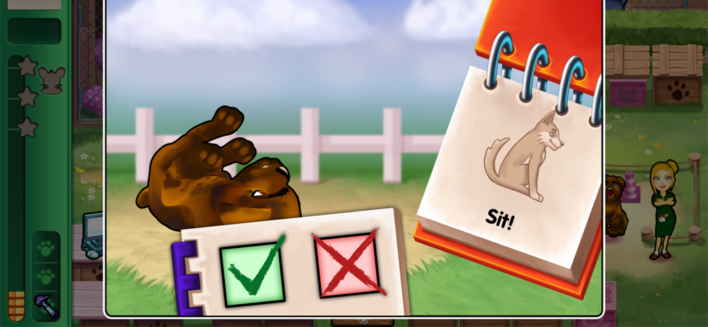 Dr. Cares - Amy's Pet Clinic - A dog training mini-game in Dr. Cares Amy's Pet Clinic featuring a puppy and command selection cards.