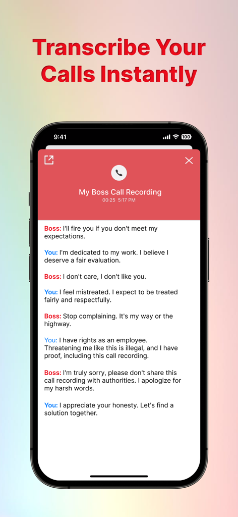 Call Recorder App: Record Call - Smartphone screen showing the Call Recorder App interface with a full text transcription of a recorded phone call