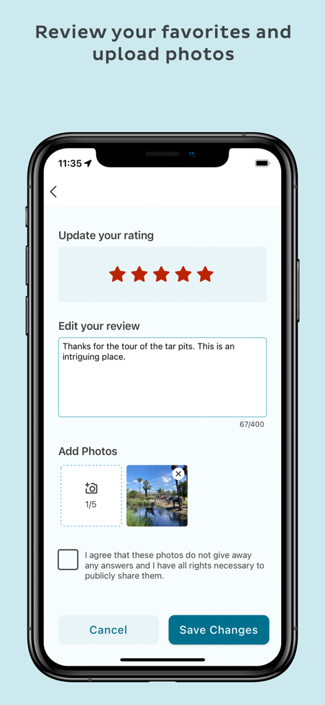 Adventure Lab® - Interface do aplicativo Adventure Lab mostrando opções para avaliar, revisar e carregar fotos para uma caça ao tesouro.